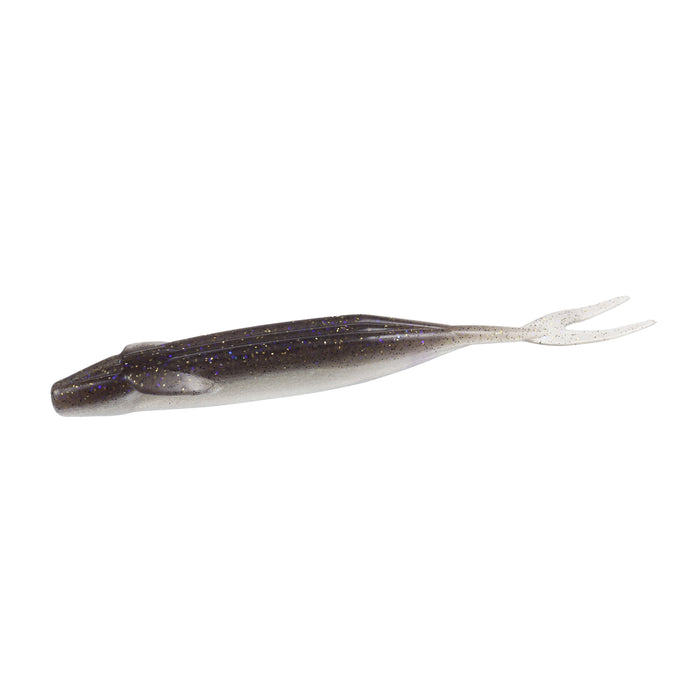 Zoom Bait Company Winged Fluke soft plastic fishing lure in dark and translucent colors with twin tail design, ideal for fishing tackle and attracting game fish.