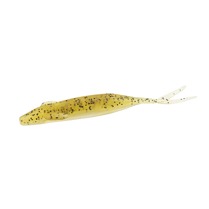 Zoom Bait Company Winged Fluke fishing lure in translucent yellow with black speckles, designed for freshwater fishing tackle and musky fishing techniques.
