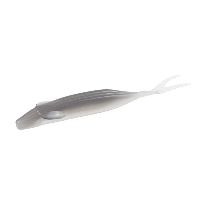 Zoom Bait Company Winged Fluke soft fishing lure in a ghost shad color, designed for musky and other freshwater fishing, featuring a winged tail for realistic movement.