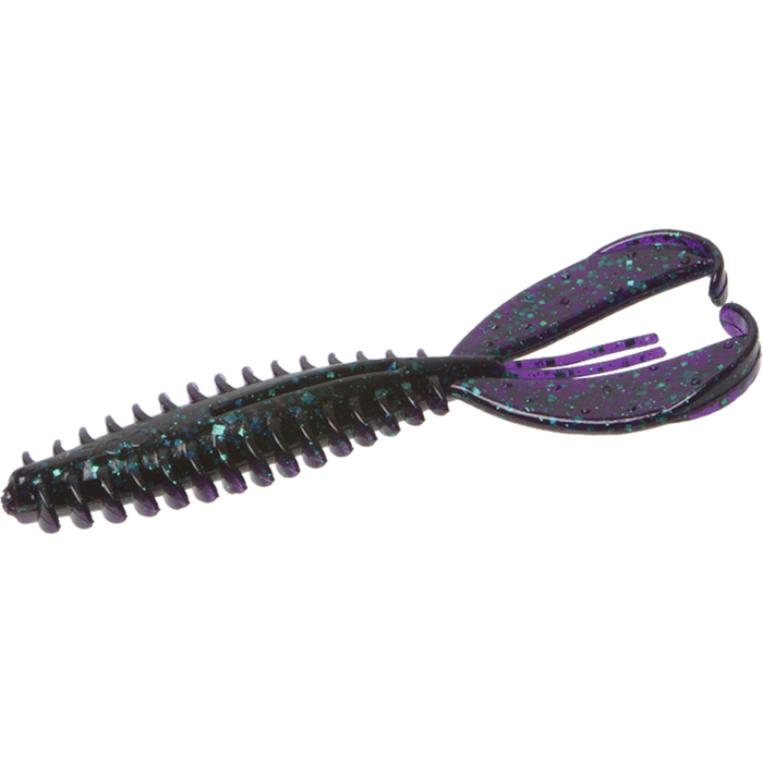 Zoom Bait Company Z Craw Jr. fishing lure in black and purple with blue flecks, featuring detailed segmented body and twin curved claws for realistic movement in water.