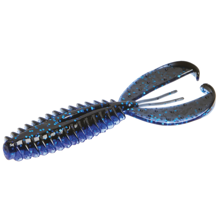 Zoom Bait Company Z Craw Jr. soft plastic fishing lure in dark blue with black and blue speckles, featuring ribbed body and two curved claw-like appendages for realistic movement.
