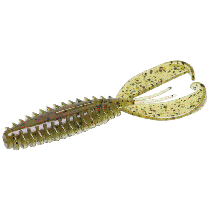 Zoom Bait Company Z Craw Jr. soft plastic fishing lure in green with red and black flecks, featuring ribbed body and twin curled tails for lifelike movement in water.