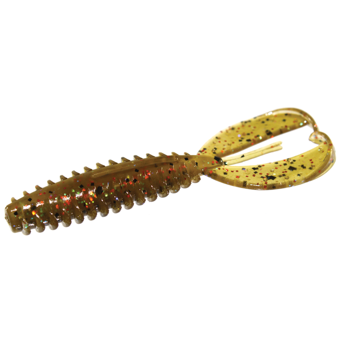 Zoom Bait Company Z Craw Jr. soft plastic fishing lure in olive green with red and black flecks, featuring a ribbed body and twin curly tail for lifelike movement in fishing tackle.