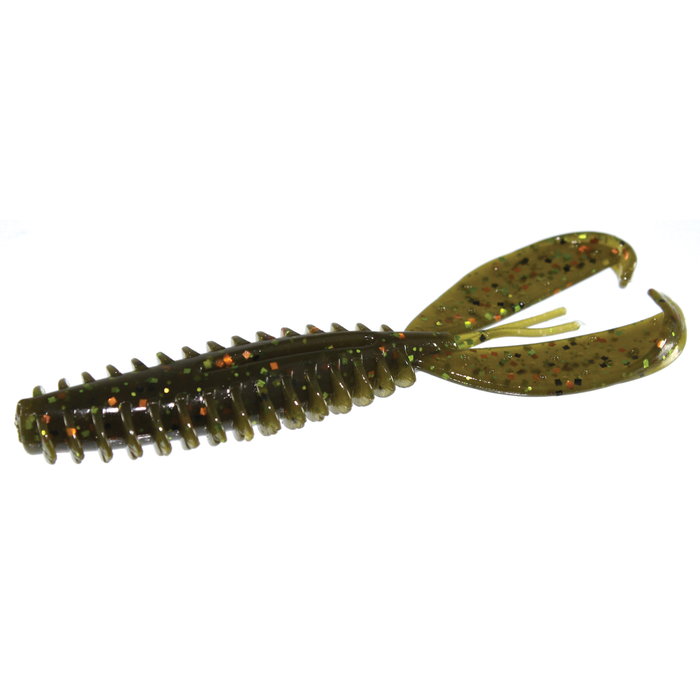 Zoom Bait Company Z Craw Jr. soft plastic fishing lure in green with black and orange flecks, designed to mimic a crawfish for effective fishing tackle use.