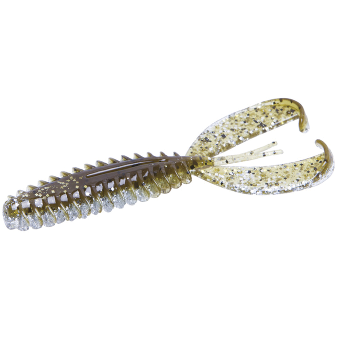 Zoom Bait Company Z Craw Jr. fishing lure in translucent green with black and gold flecks, featuring ribbed body and dual curled tail for lifelike movement in water.