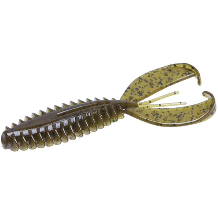 Zoom Bait Company Z Craw Jr. fishing lure in olive green with black speckles, designed with ribbed body and two large curved pincers for realistic action.
