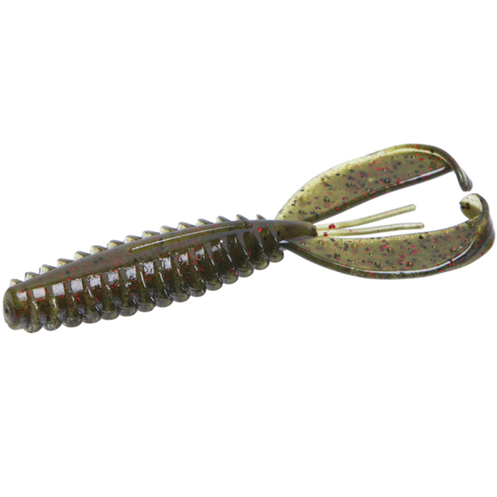 Zoom Bait Company Z Craw Jr. soft plastic fishing lure in green with red flecks, featuring a ribbed body and twin curled tails for lifelike movement in water, designed for fishing tackle.